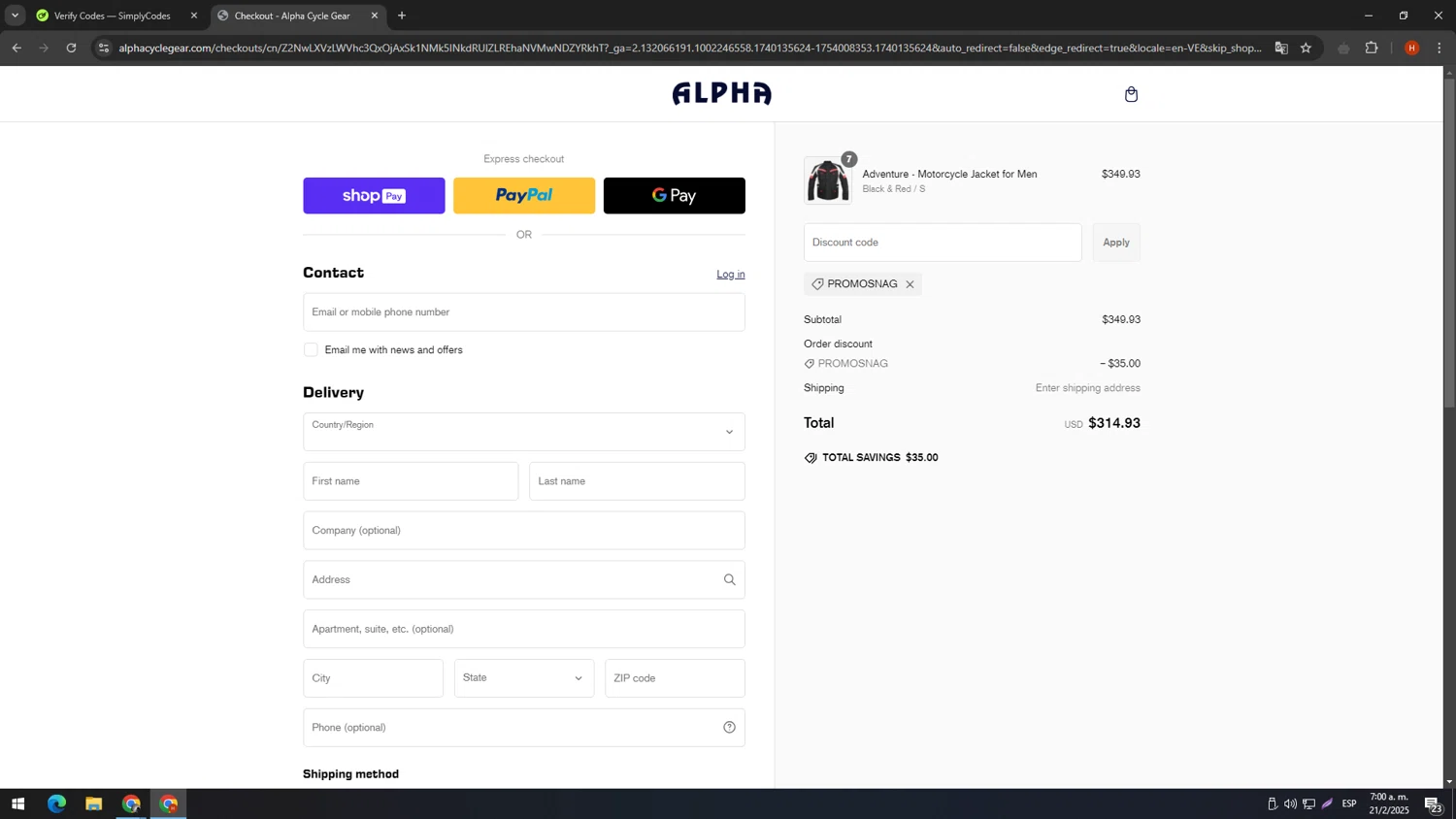 Alpha Cycle Gear promo code screenshot showing code PROMOSNAG applied at Alpha Cycle Gear checkout page. Uploaded by SimplyCodes community member usename on Feb 21, 2025