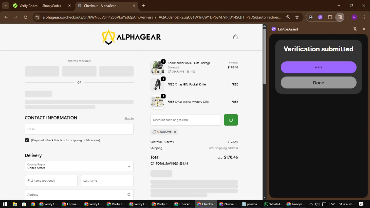 AlphaGearUS promo code screenshot showing code GEARSAVE applied at AlphaGearUS checkout page. Uploaded by SimplyCodes community member NATAAAAAANAELCANO on Dec 9, 2025