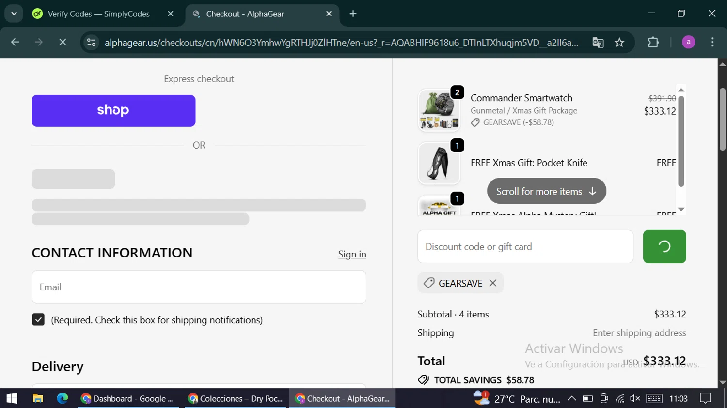 AlphaGearUS promo code screenshot showing code GEARSAVE applied at AlphaGearUS checkout page. Uploaded by SimplyCodes community member alexandracarolina on Dec 13, 2025