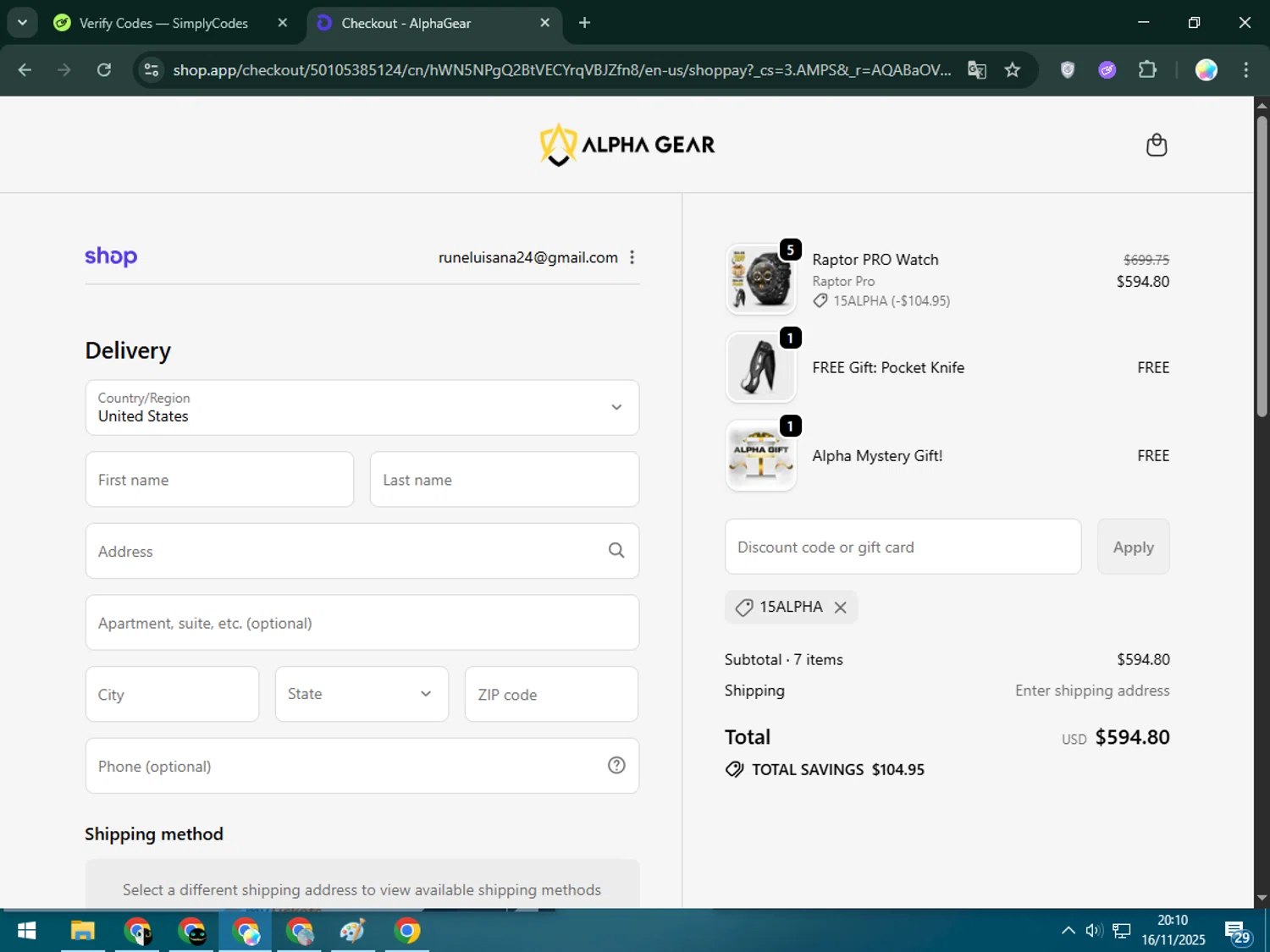 AlphaGearUS promo code screenshot showing code 15alpha applied at AlphaGearUS checkout page. Uploaded by SimplyCodes community member Estrellitacoairis on Nov 17, 2025