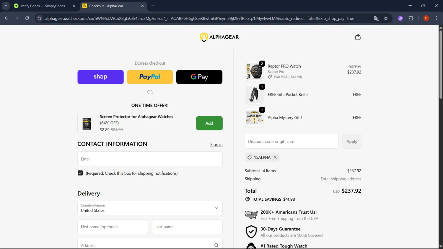 AlphaGearUS promo code screenshot showing code 15alpha applied at AlphaGearUS checkout page. Uploaded by SimplyCodes community member RoyalSaver3150 on Nov 5, 2025