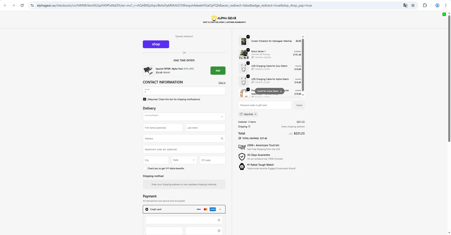 AlphaGearUS checkout page showing AlphaGearUS promo code box | Screenshot taken by SimplyCodes community member on Feb 13, 2026