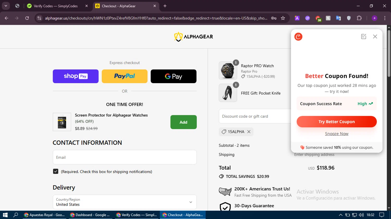 AlphaGearUS promo code screenshot showing code 15alpha applied at AlphaGearUS checkout page. Uploaded by SimplyCodes community member thethru on Aug 19, 2025