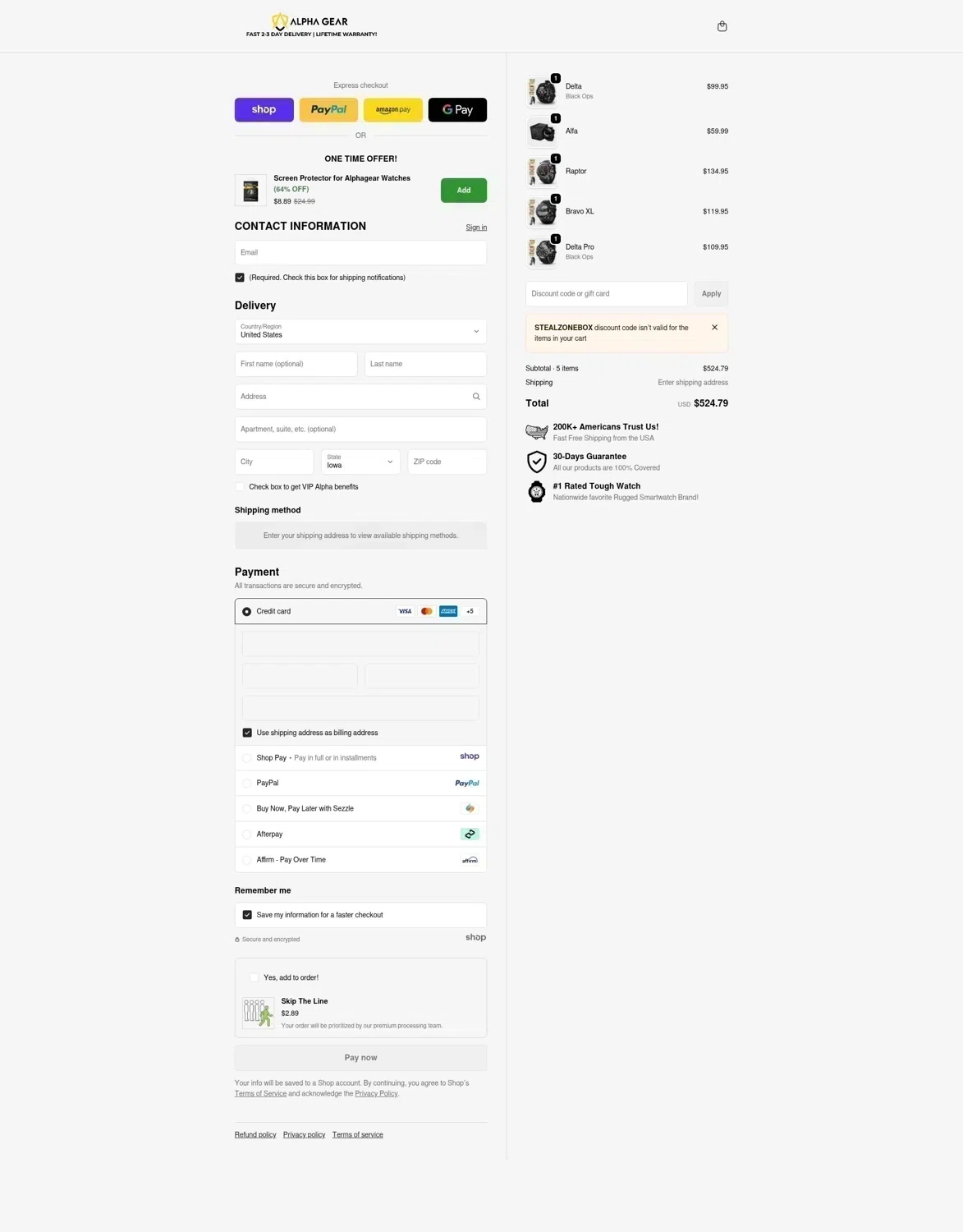 AlphaGearUS promo code screenshot showing code stealzonebox applied at AlphaGearUS checkout page. Uploaded by SimplyCodes community member LOgoter on Jan 3, 2026