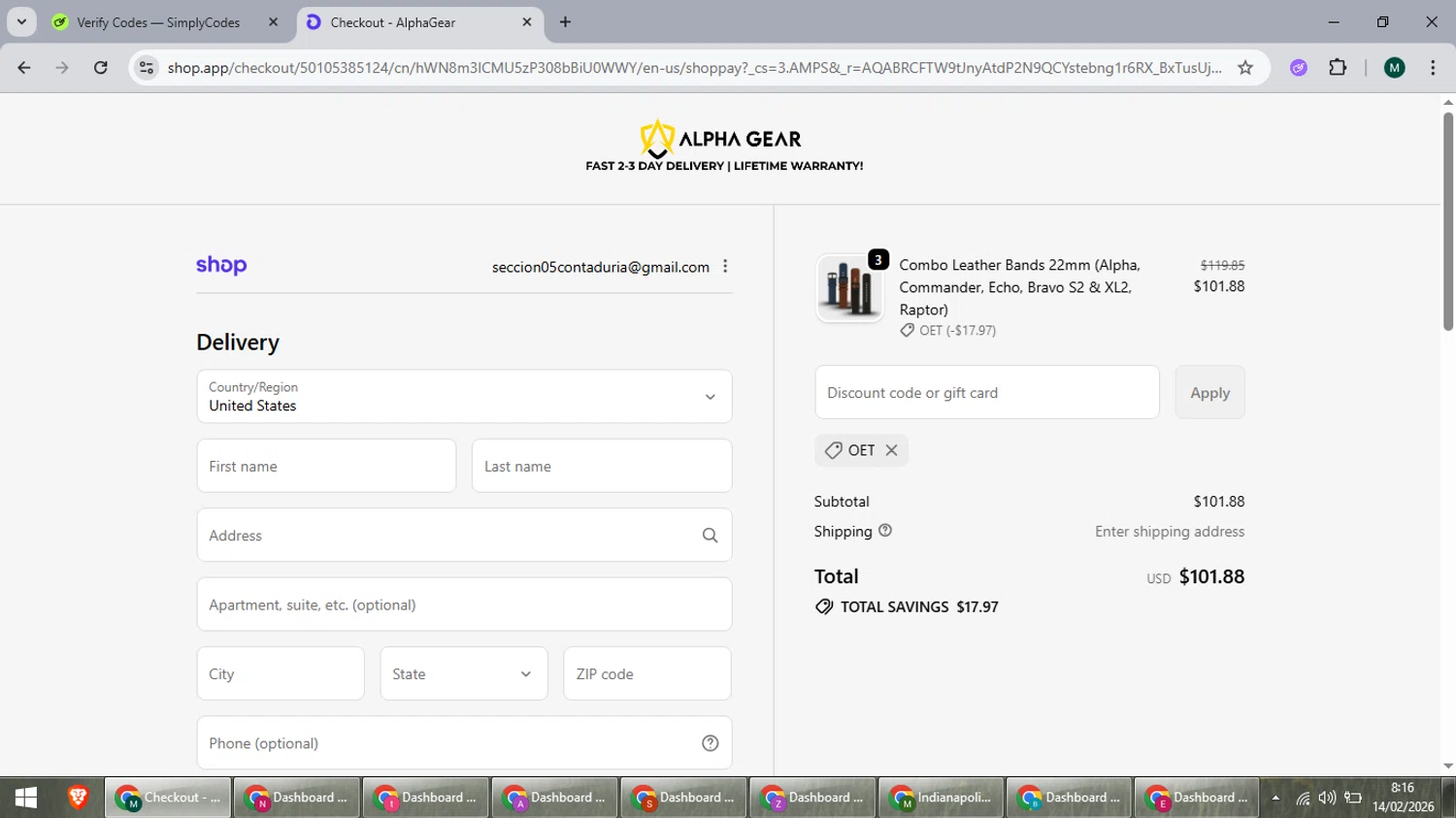 AlphaGearUS promo code screenshot showing code OET applied at AlphaGearUS checkout page. Uploaded by SimplyCodes community member suieeloves on Feb 14, 2026