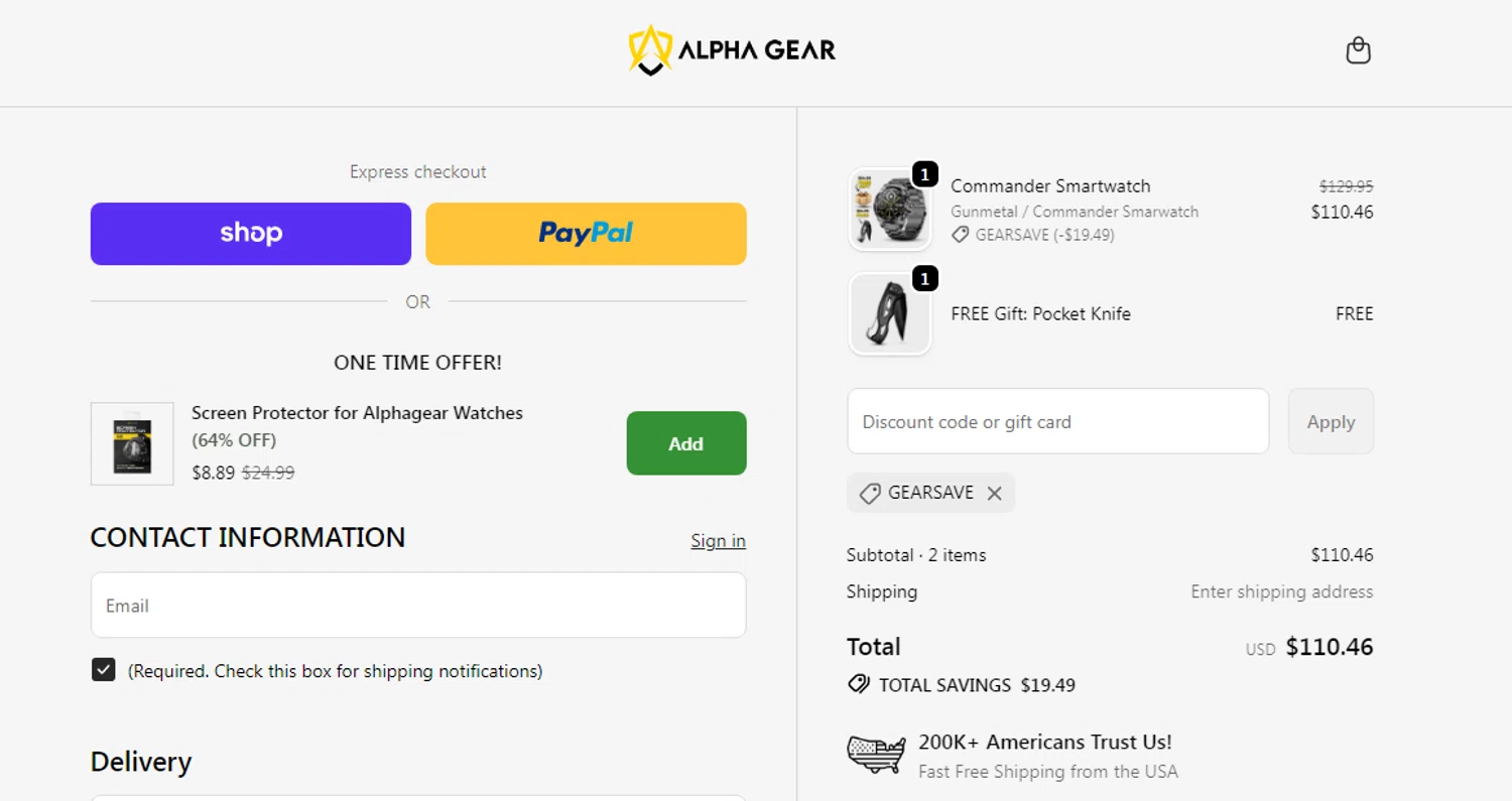 AlphaGearUS promo code screenshot showing code GEARSAVE applied at AlphaGearUS checkout page. Uploaded by SimplyCodes community member Arcane on Nov 21, 2025