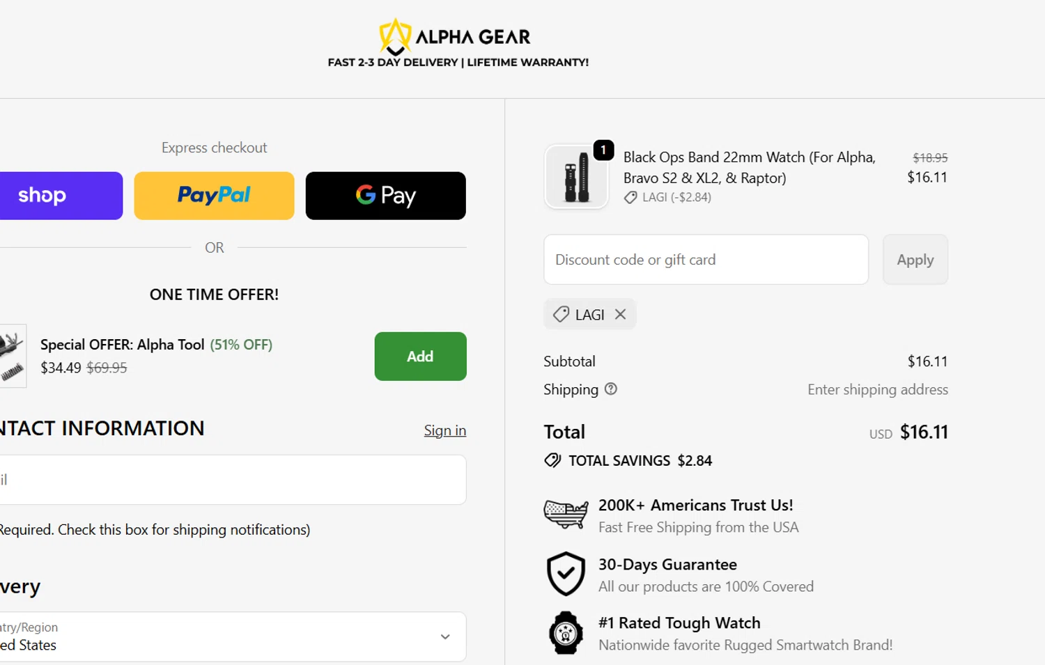 AlphaGearUS promo code screenshot showing code LAGI applied at AlphaGearUS checkout page. Uploaded by SimplyCodes community member SwiftSpotter945 on Feb 4, 2026