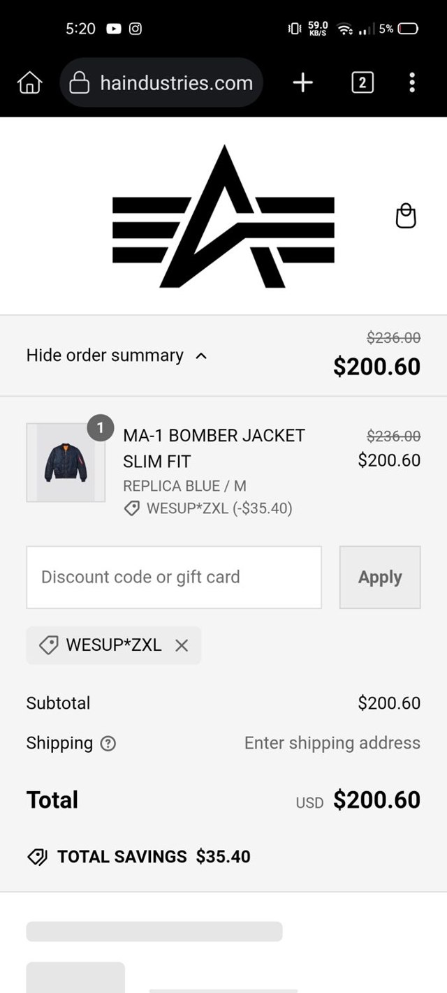 Alpha Industries checkout page showing Alpha Industries discount code box | Screenshot taken by SimplyCodes community member on Oct 25, 2024