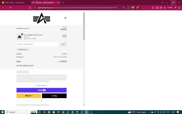 Alpha Industries checkout page showing Alpha Industries discount code box | Screenshot taken by SimplyCodes community member on Oct 20, 2024