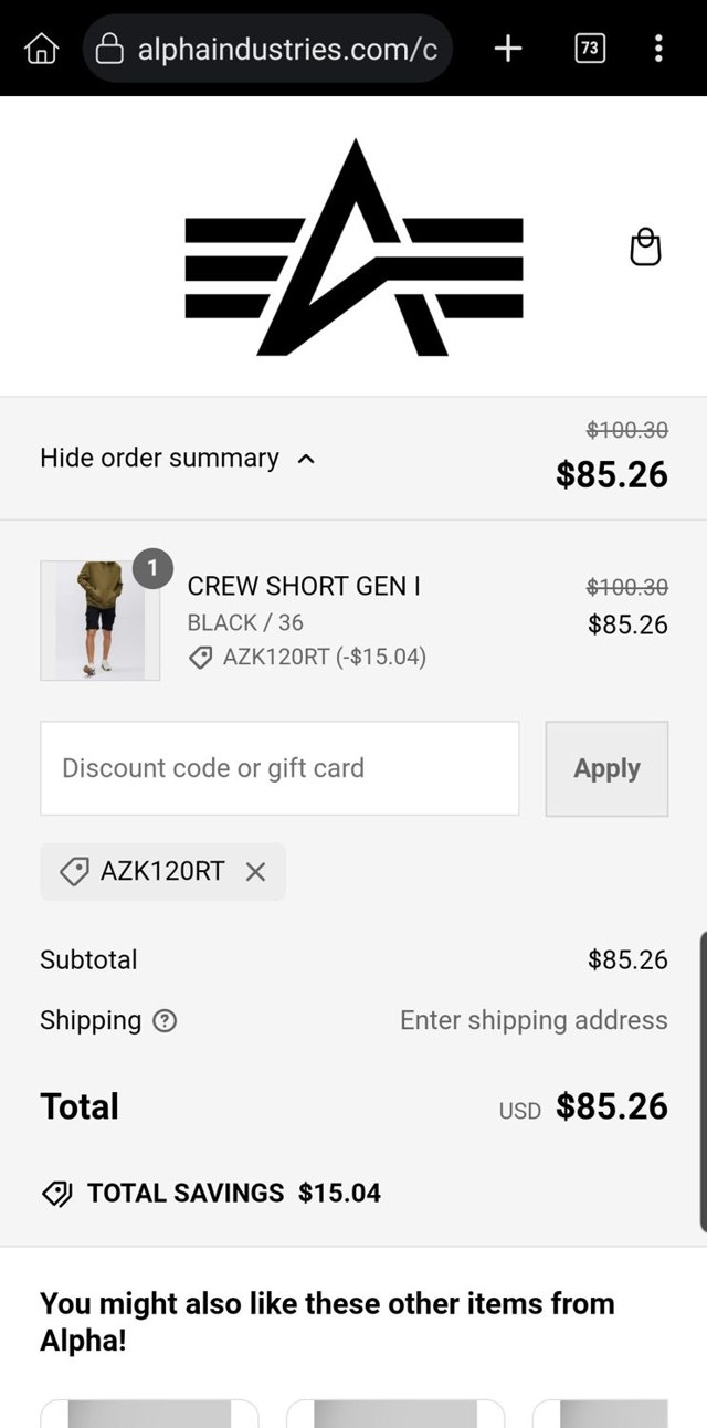 Alpha Industries checkout page showing Alpha Industries discount code box | Screenshot taken by SimplyCodes community member on Oct 25, 2024