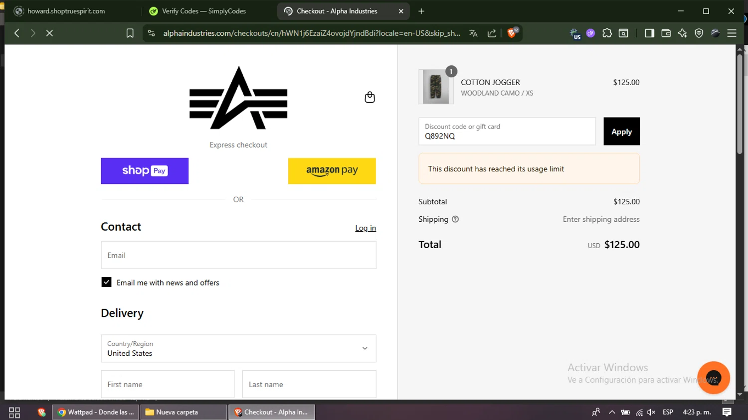 Alpha Industries discount code screenshot showing code Q892NQ applied at Alpha Industries checkout page. Uploaded by SimplyCodes community member EpicMaven6118 on Aug 12, 2025
