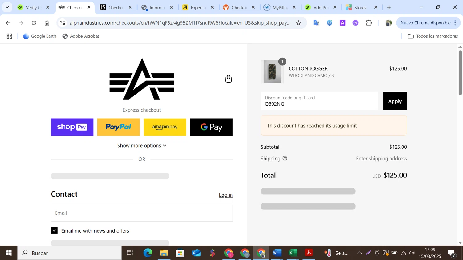 Alpha Industries discount code screenshot showing code Q892NQ applied at Alpha Industries checkout page. Uploaded by SimplyCodes community member NobleMonarch5837 on Aug 15, 2025