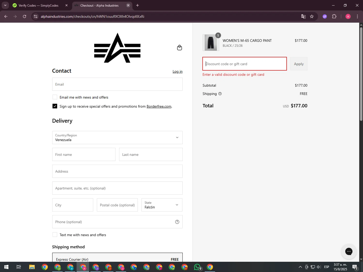 Alpha Industries discount code screenshot showing code save15 applied at Alpha Industries checkout page. Uploaded by SimplyCodes community member CrownHawk3462 on Aug 15, 2025