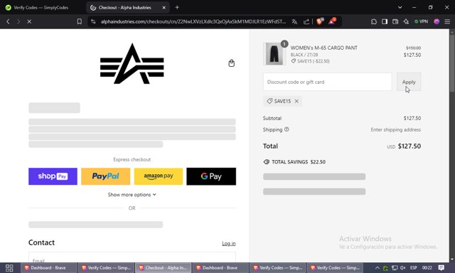 Alpha Industries checkout page showing Alpha Industries discount code box | Screenshot taken by SimplyCodes community member on Nov 8, 2024