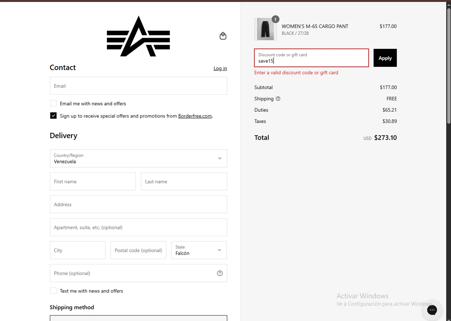 Alpha Industries discount code screenshot showing code save15 applied at Alpha Industries checkout page. Uploaded by SimplyCodes community member SavvyAdmiral5612 on Aug 22, 2025