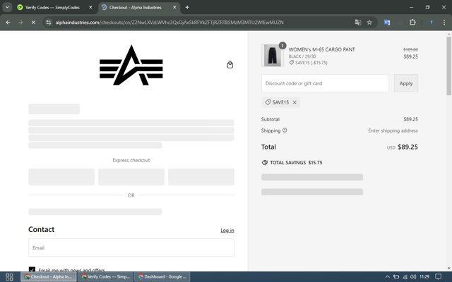 Alpha Industries checkout page showing Alpha Industries discount code box | Screenshot taken by SimplyCodes community member on Nov 24, 2024
