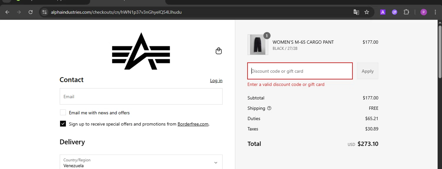 Alpha Industries discount code screenshot showing code save15 applied at Alpha Industries checkout page. Uploaded by SimplyCodes community member firoas on Aug 15, 2025