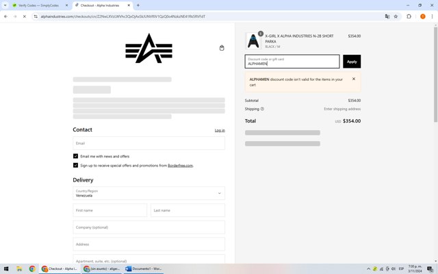 Alpha Industries checkout page showing Alpha Industries discount code box | Screenshot taken by SimplyCodes community member on Nov 3, 2024