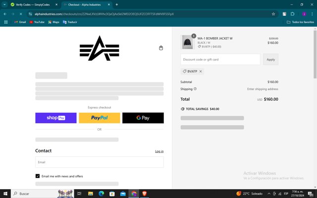 Alpha Industries checkout page showing Alpha Industries discount code box | Screenshot taken by SimplyCodes community member on Oct 27, 2024