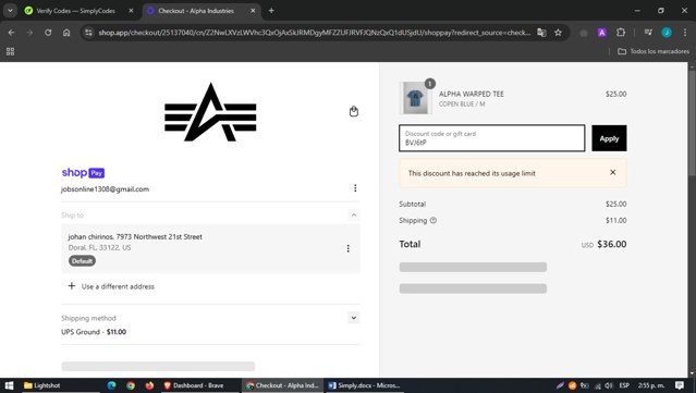 Alpha Industries checkout page showing Alpha Industries discount code box | Screenshot taken by SimplyCodes community member on Nov 2, 2024