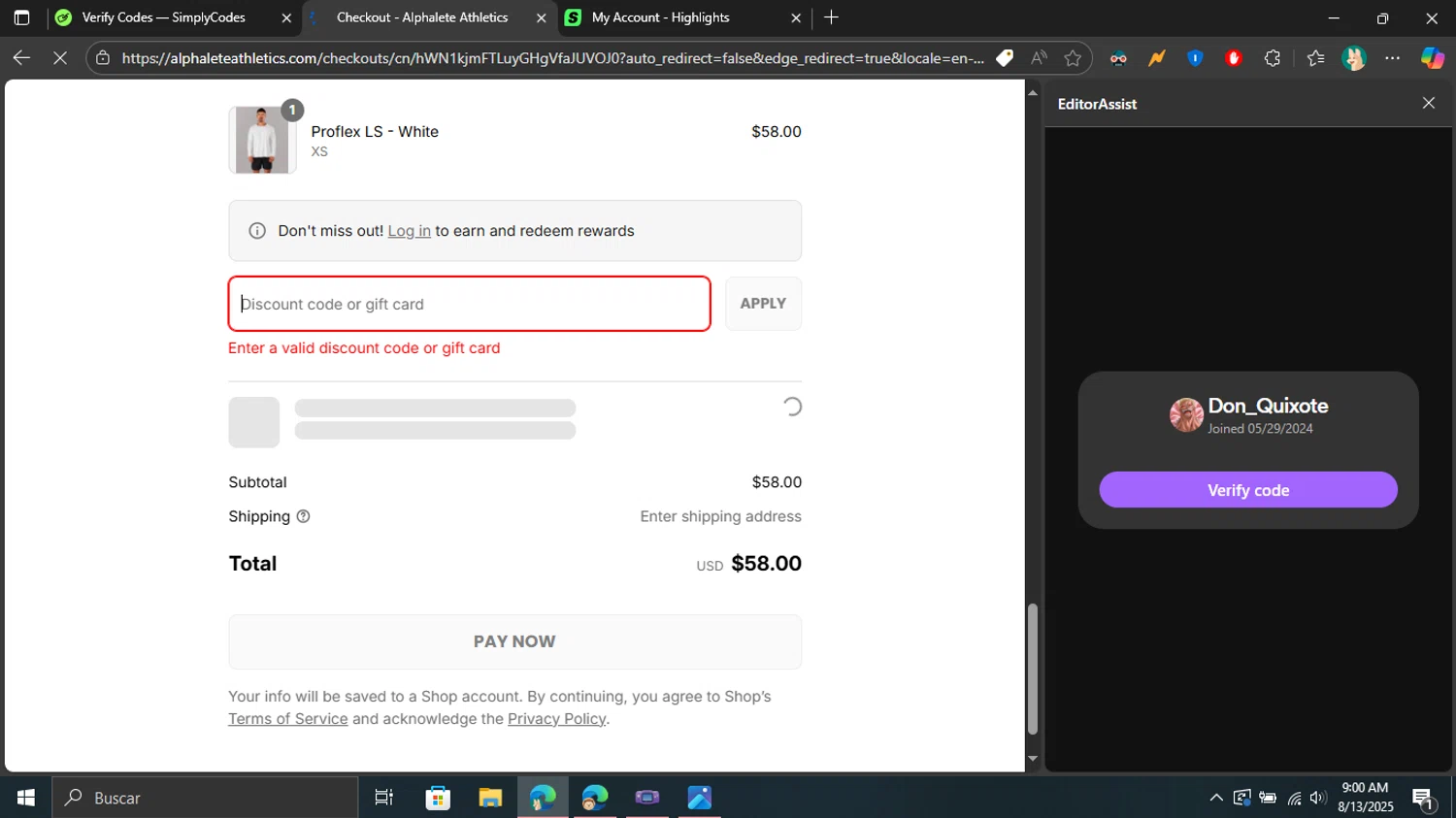 Alphalete Athletics discount code screenshot showing code DEE applied at Alphalete Athletics checkout page. Uploaded by SimplyCodes community member Don_Quixote on Aug 13, 2025