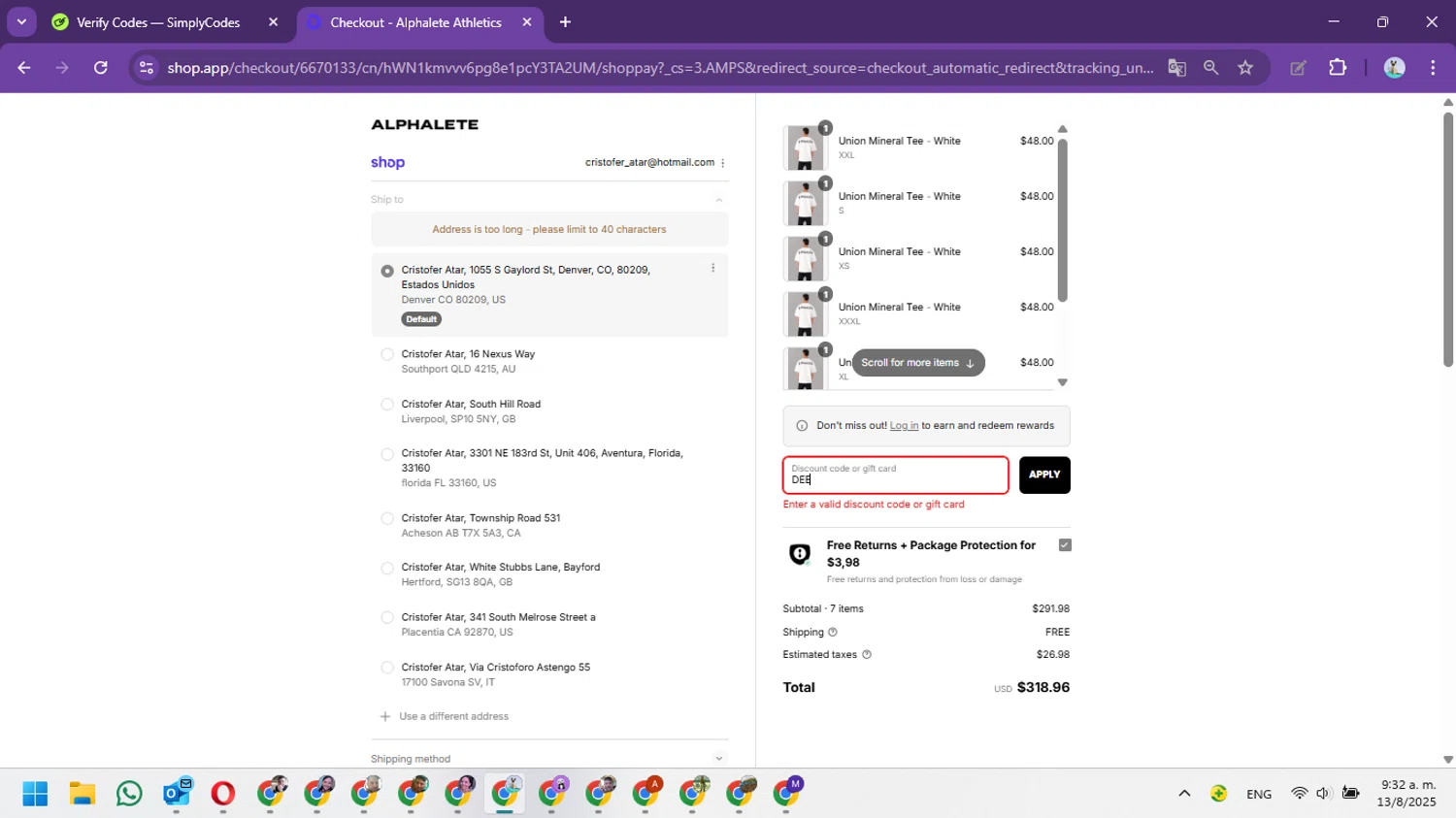 Alphalete Athletics discount code screenshot showing code DEE applied at Alphalete Athletics checkout page. Uploaded by SimplyCodes community member Marielis on Aug 13, 2025