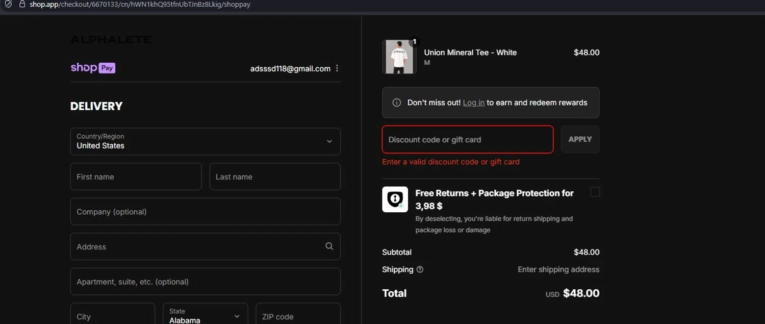Alphalete Athletics discount code screenshot showing code DEE applied at Alphalete Athletics checkout page. Uploaded by SimplyCodes community member NobleSaver8091 on Aug 13, 2025