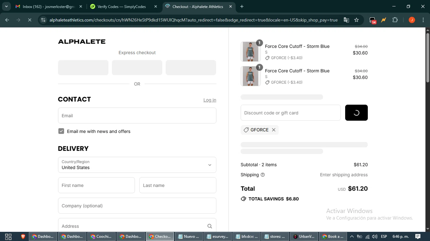 Alphalete Athletics discount code screenshot showing code GFORCE applied at Alphalete Athletics checkout page. Uploaded by SimplyCodes community member NobleAce2304 on Aug 22, 2025