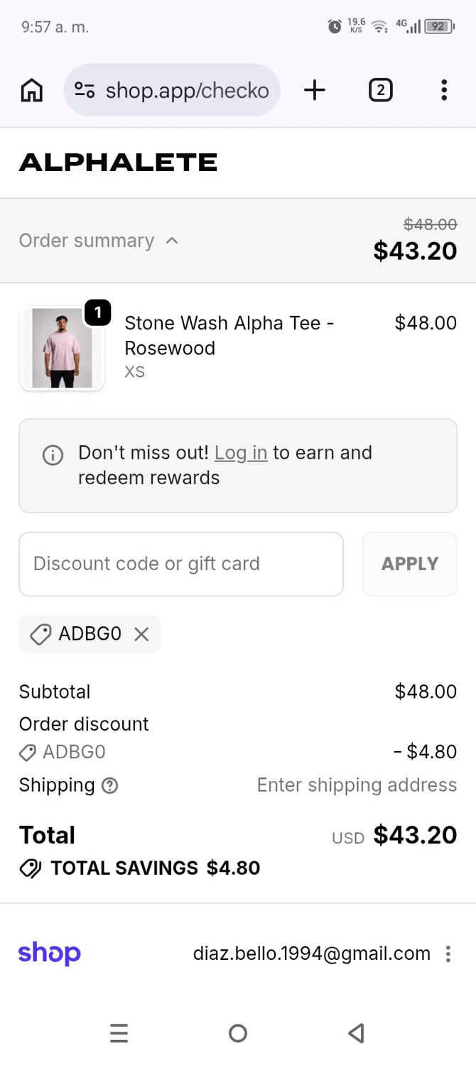 Alphalete Athletics promo code screenshot showing code ADBG0 applied at Alphalete Athletics checkout page. Uploaded by SimplyCodes community member AnthonyGuapeton94 on Jun 22, 2026