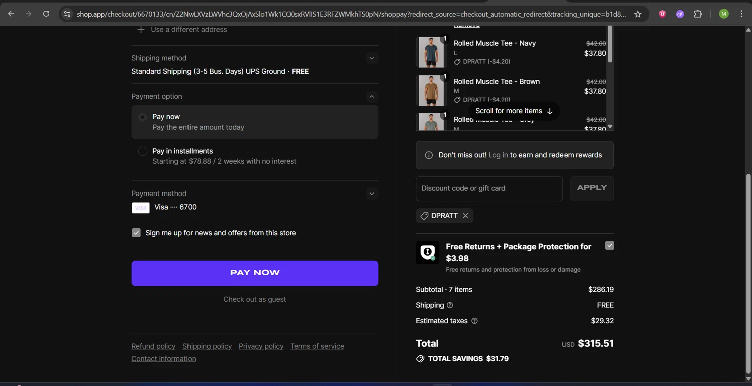 Alphalete Athletics discount code screenshot showing code DPRATT applied at Alphalete Athletics checkout page. Uploaded by SimplyCodes community member ScanHunter7116 on Jul 2, 2025