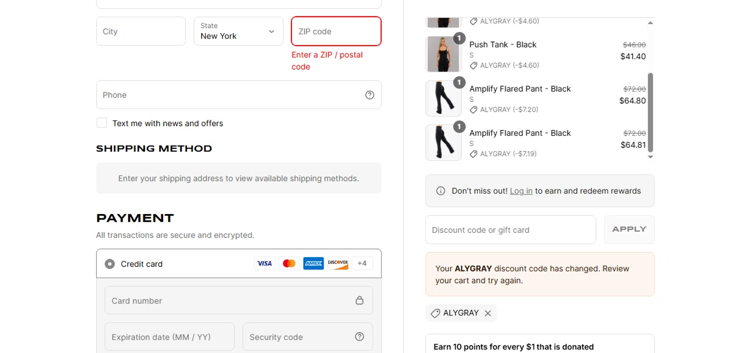 Alphalete Athletics discount code screenshot showing code ALYGRAY applied at Alphalete Athletics checkout page. Uploaded by SimplyCodes community member shark12 on Jun 26, 2025