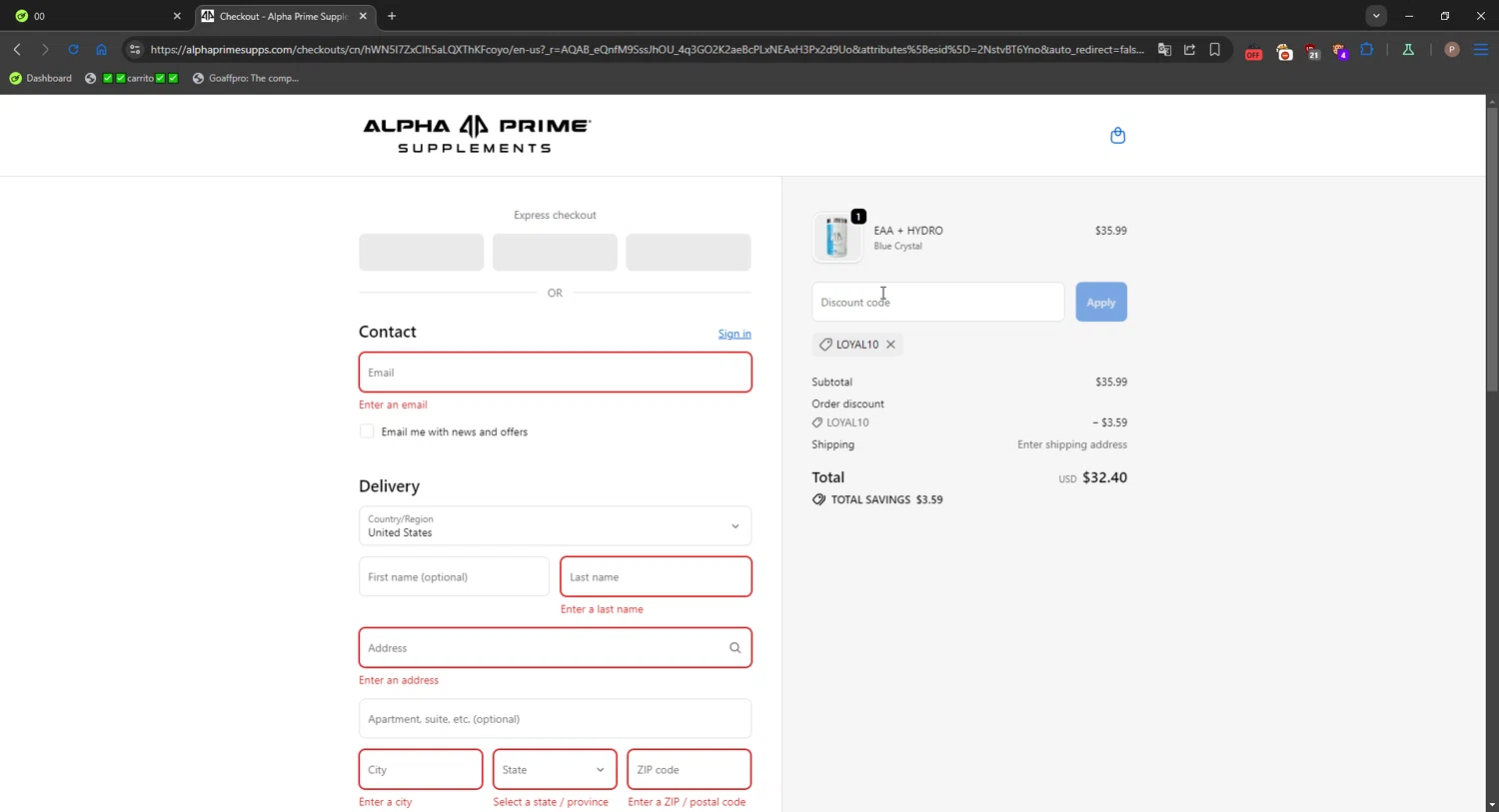 Alpha Prime Supplements discount code screenshot showing code LOYAL10 applied at Alpha Prime Supplements checkout page. Uploaded by SimplyCodes community member CrownPro3073 on Nov 14, 2025