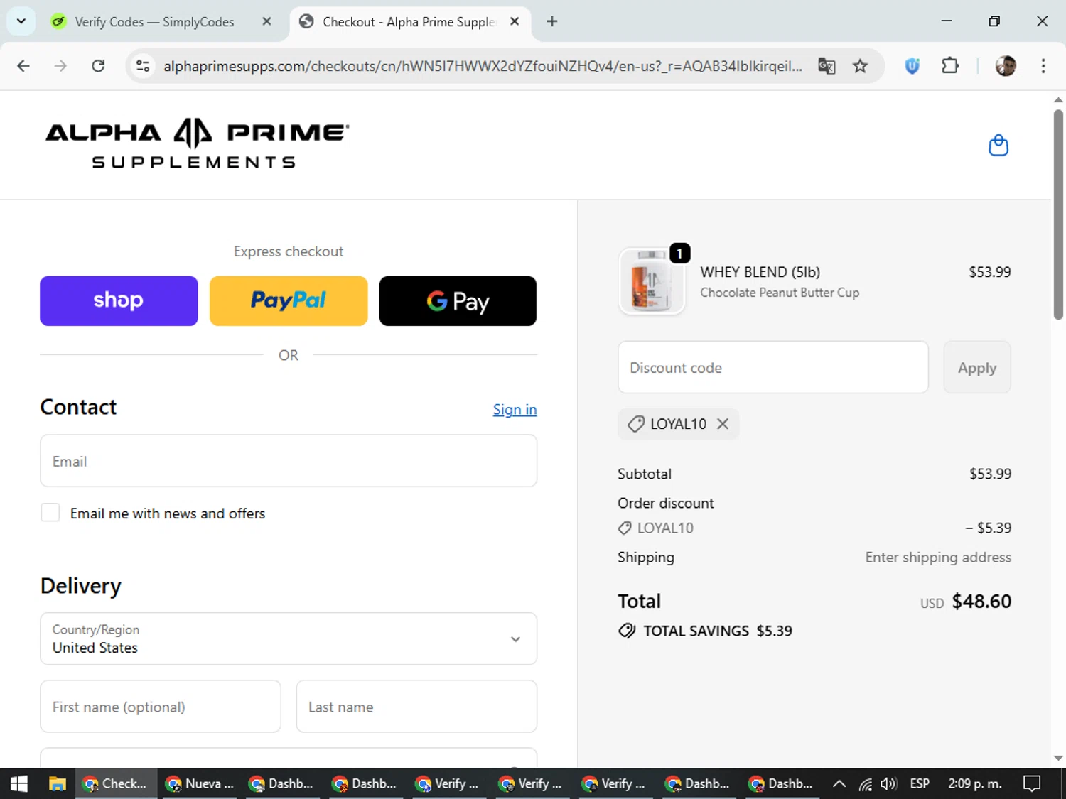 Alpha Prime Supplements discount code screenshot showing code LOYAL10 applied at Alpha Prime Supplements checkout page. Uploaded by SimplyCodes community member DiscountSeeker682 on Nov 14, 2025
