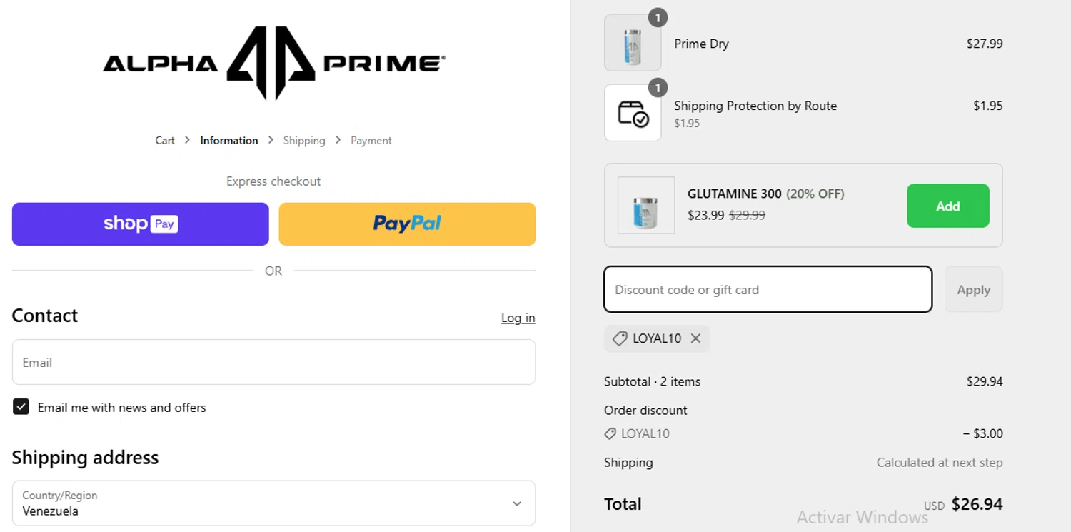 Alpha Prime Supplements discount code screenshot showing code LOYAL10 applied at Alpha Prime Supplements checkout page. Uploaded by SimplyCodes community member BudgetGuardian5712 on Mar 21, 2025