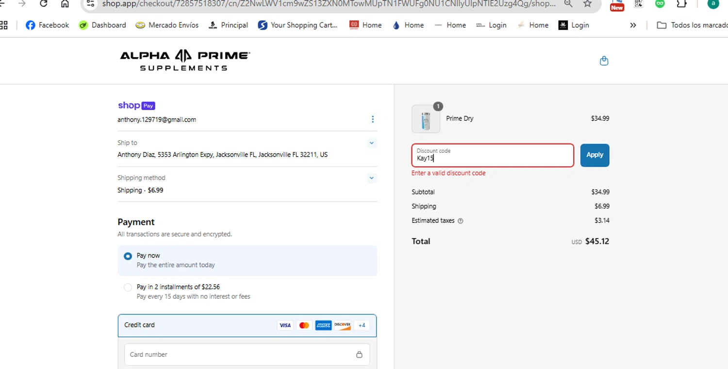 Alpha Prime Supplements discount code screenshot showing code Kay15 applied at Alpha Prime Supplements checkout page. Uploaded by SimplyCodes community member anthonydiaz1 on Apr 19, 2025