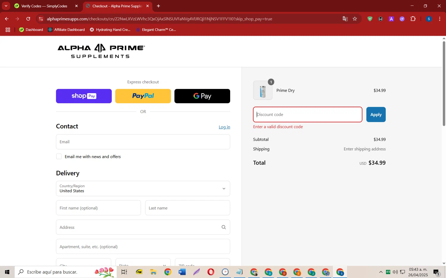 Alpha Prime Supplements discount code screenshot showing code Lauren15 applied at Alpha Prime Supplements checkout page. Uploaded by SimplyCodes community member CleverOwl2485 on Apr 26, 2025