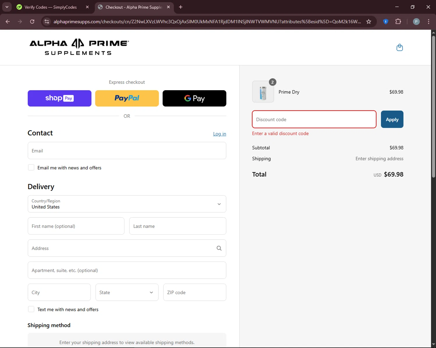 Alpha Prime Supplements discount code screenshot showing code Amanda15 applied at Alpha Prime Supplements checkout page. Uploaded by SimplyCodes community member DiscountEagle6247 on Apr 18, 2025