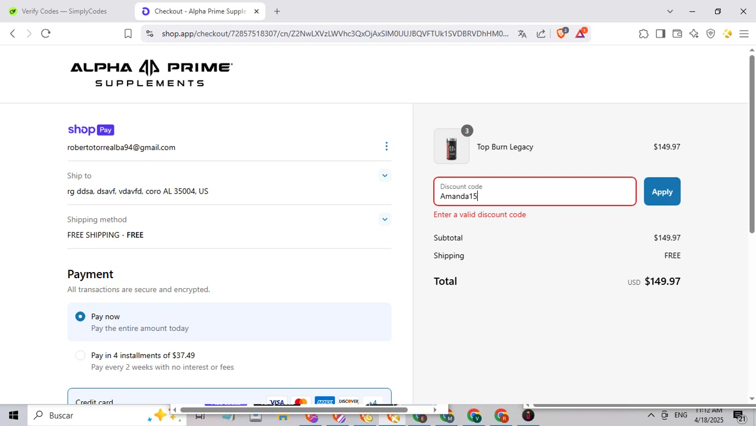 Alpha Prime Supplements discount code screenshot showing code Amanda15 applied at Alpha Prime Supplements checkout page. Uploaded by SimplyCodes community member benjamnlev on Apr 18, 2025