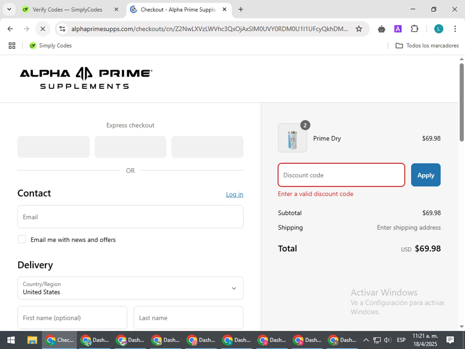 Alpha Prime Supplements discount code screenshot showing code Amanda15 applied at Alpha Prime Supplements checkout page. Uploaded by SimplyCodes community member LuckyLegend792 on Apr 18, 2025