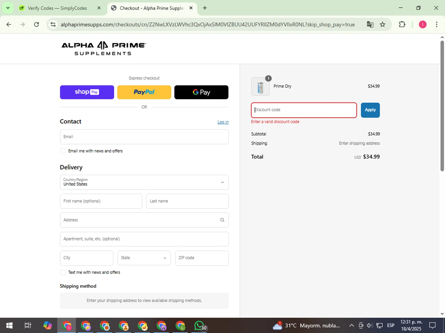 Alpha Prime Supplements discount code screenshot showing code Julia15 applied at Alpha Prime Supplements checkout page. Uploaded by SimplyCodes community member FortunateExpert1626 on Apr 18, 2025