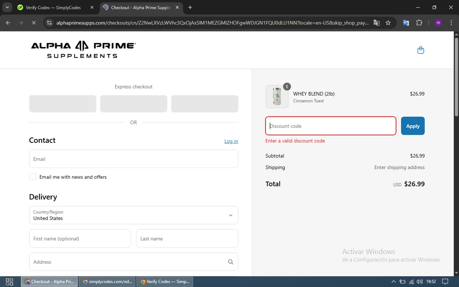 Alpha Prime Supplements discount code screenshot showing code Julia15 applied at Alpha Prime Supplements checkout page. Uploaded by SimplyCodes community member CrownWizard4992 on Apr 18, 2025