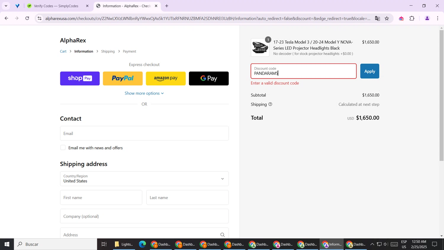 AlphaRex discount code screenshot showing code PANDARAM5 applied at AlphaRex checkout page. Uploaded by SimplyCodes community member NobleRanger9699 on Feb 25, 2025