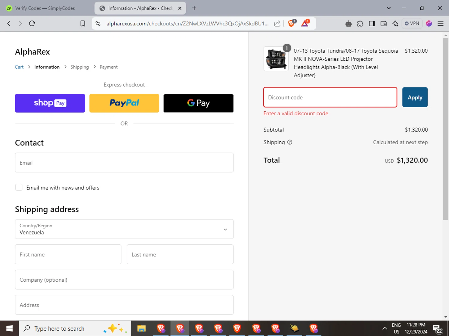 AlphaRex discount code screenshot showing code 5OHRUNR applied at AlphaRex checkout page. Uploaded by SimplyCodes community member LuckyFinder3550 on Dec 30, 2024