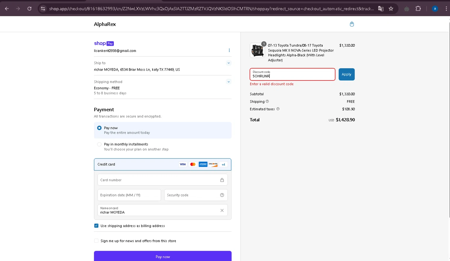 AlphaRex discount code screenshot showing code 5OHRUNR applied at AlphaRex checkout page. Uploaded by SimplyCodes community member yuss007 on Mar 13, 2025
