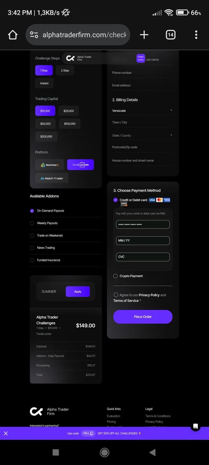 Alpha Trader coupon code screenshot showing code SUMMER applied at Alpha Trader checkout page. Uploaded by SimplyCodes community member Argi001 on Sep 21, 2025