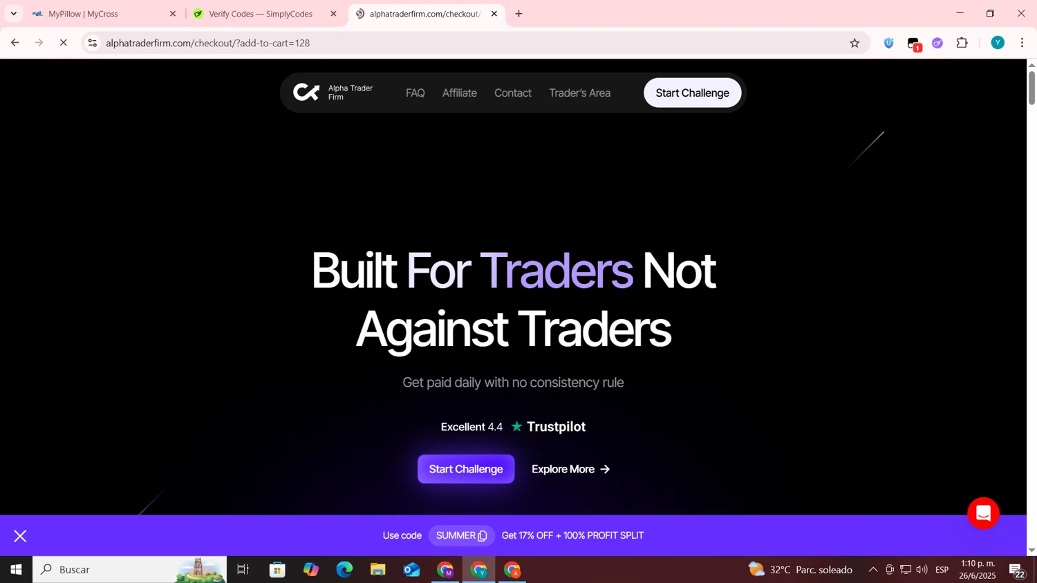 Alpha Trader coupon code screenshot showing code SUMMER applied at Alpha Trader checkout page. Uploaded by SimplyCodes community member codygakpo on Jun 26, 2025