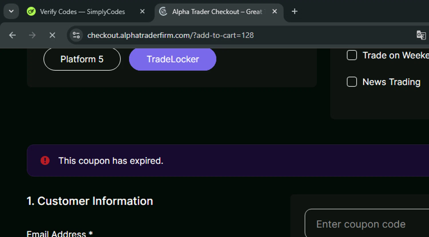 Alpha Trader coupon code screenshot showing code XMAS applied at Alpha Trader checkout page. Uploaded by SimplyCodes community member PumDaniel on Jan 12, 2025