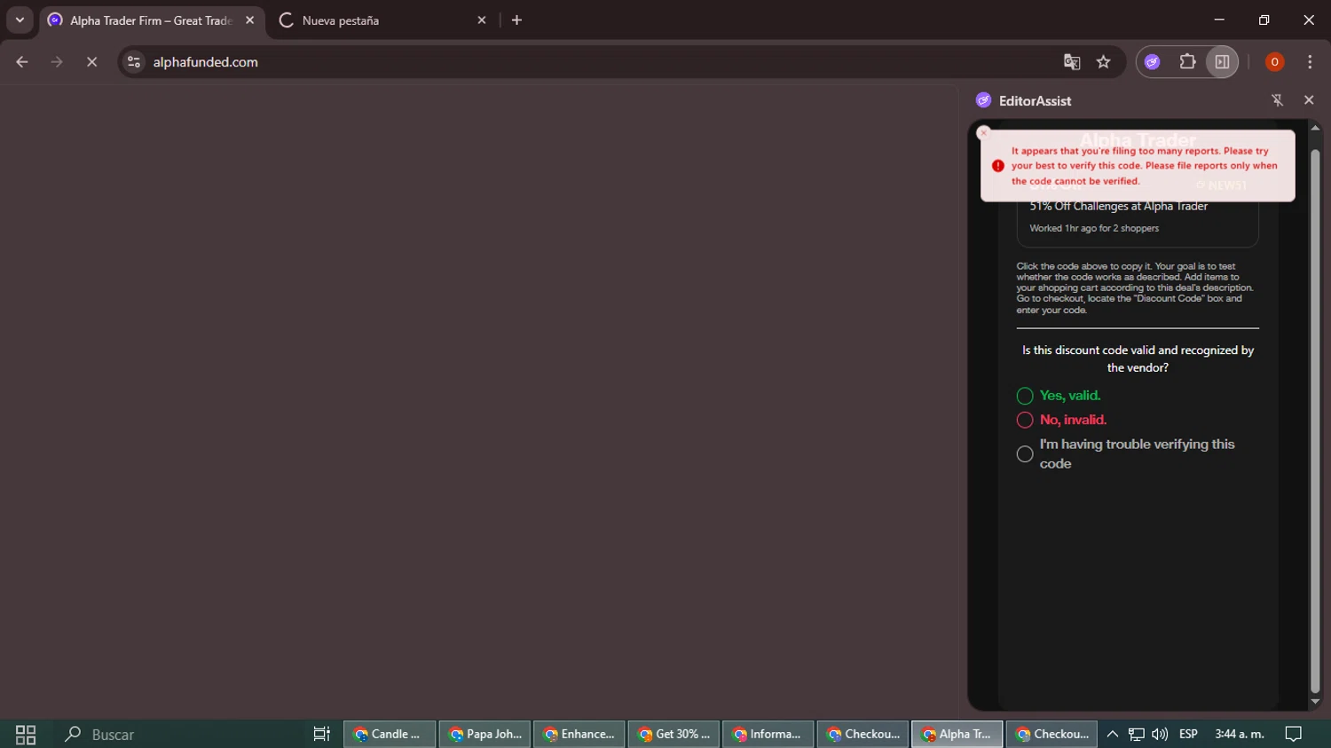 Alpha Trader coupon code screenshot showing code NEW51 applied at Alpha Trader checkout page. Uploaded by SimplyCodes community member SavingsLegend3954 on Oct 25, 2025