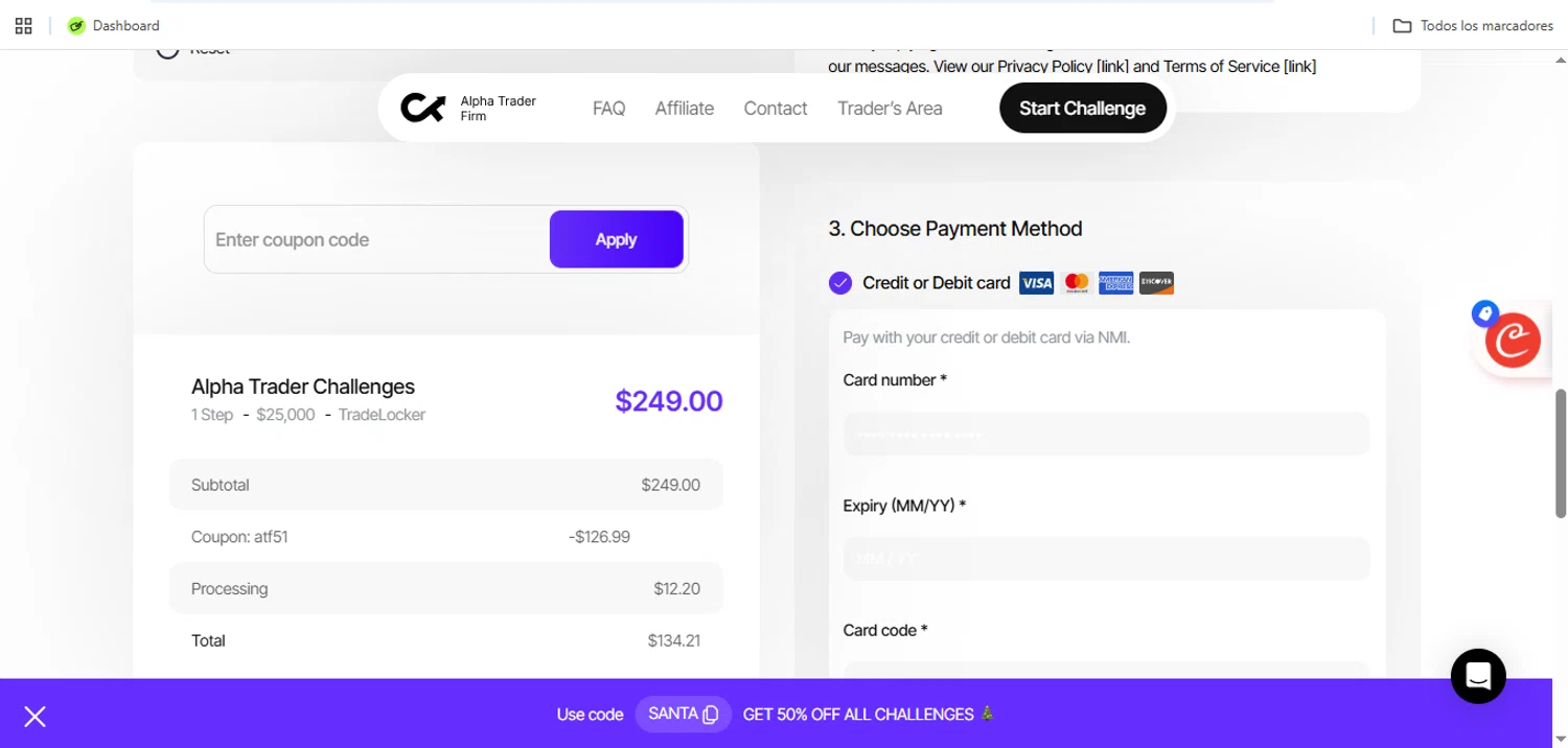 Alpha Trader coupon code screenshot showing code ATF51 applied at Alpha Trader checkout page. Uploaded by SimplyCodes community member Speedy on Dec 27, 2025