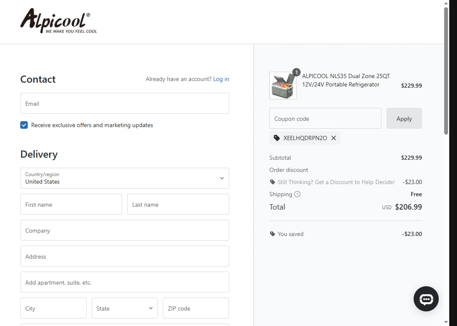 ALPICOOL discount code screenshot showing code XEELHQDRPN2O applied at ALPICOOL checkout page. Uploaded by SimplyCodes community member MoneyScout2554 on Jun 2, 2025